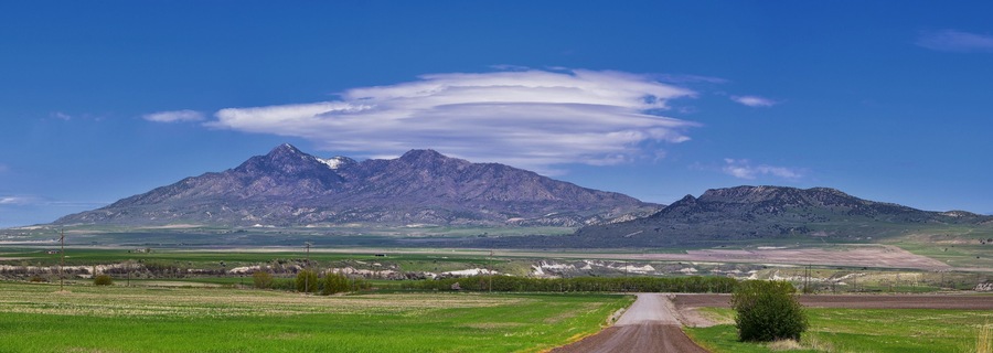 Tremonton and Logan Valley landscape views from Highway 30 pass, including Fielding, Beaverdam, Riverside and Collinston towns, by Utah State University, in Cache County along the Wasatch Front Range