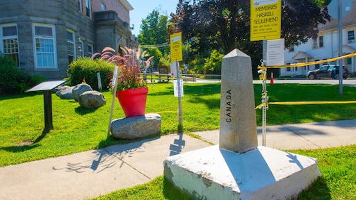 Border sign of Canada and USA between town of Derby, Vermont, USA and Stanstead, Quebec, Canada.