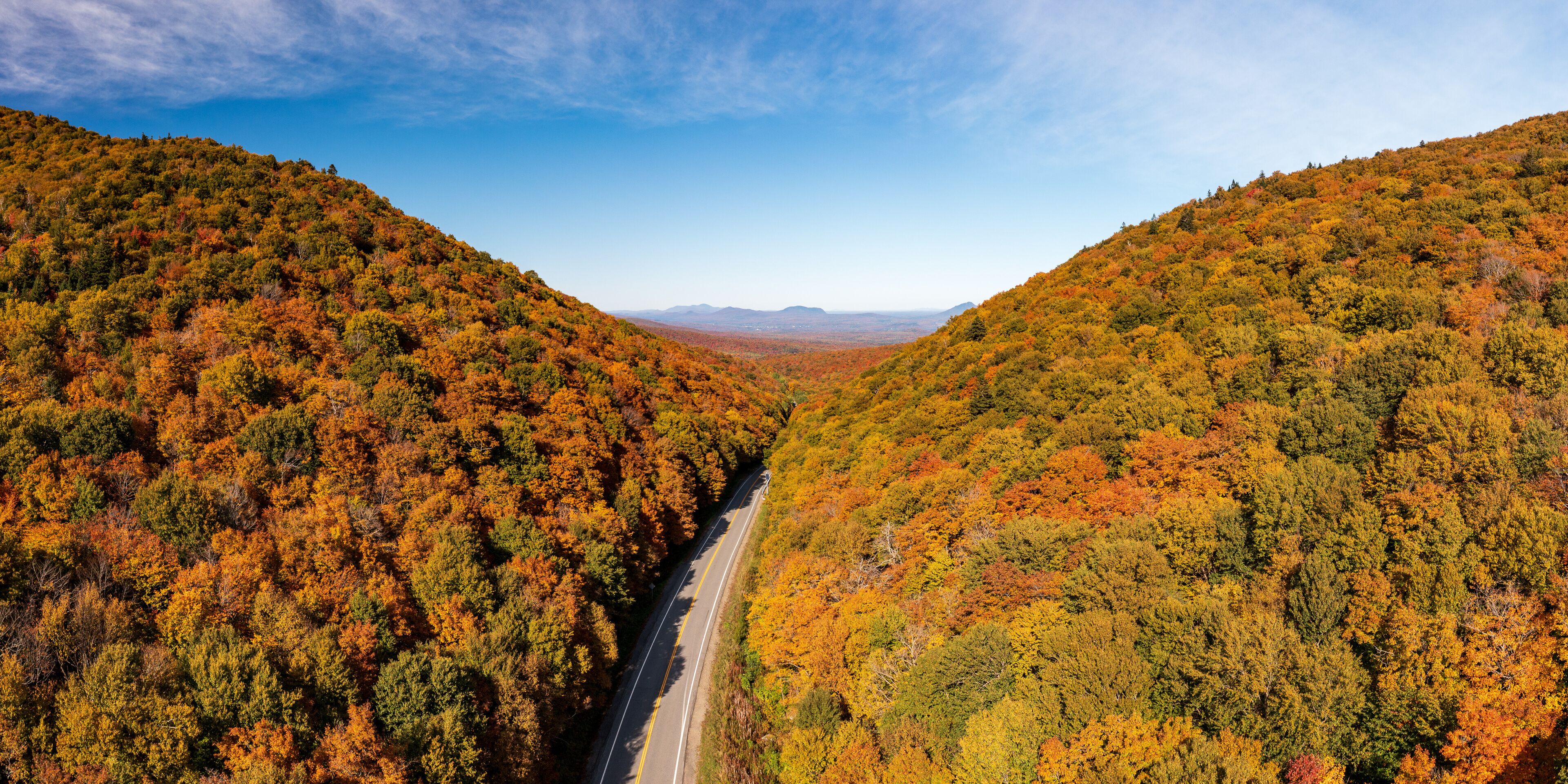 Aerial view of Jay Peak and trailhead on route 242 in Vermont during the fall
