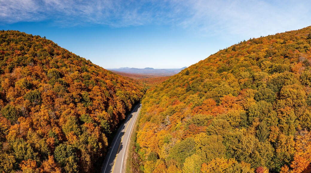 Aerial view of Jay Peak and trailhead on route 242 in Vermont during the fall