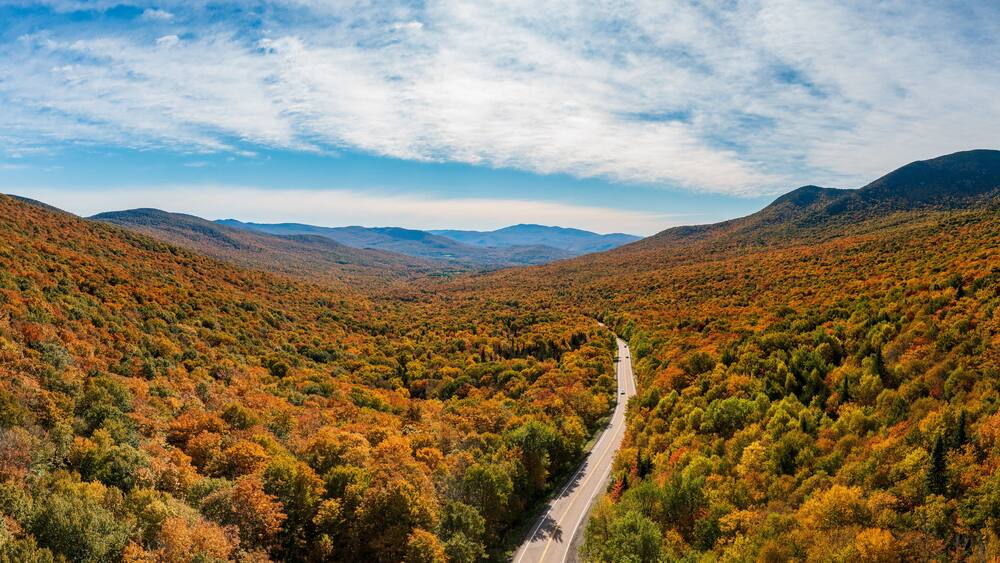 Aerial view of Jay Peak and trailhead on route 242 in Vermont during the fall