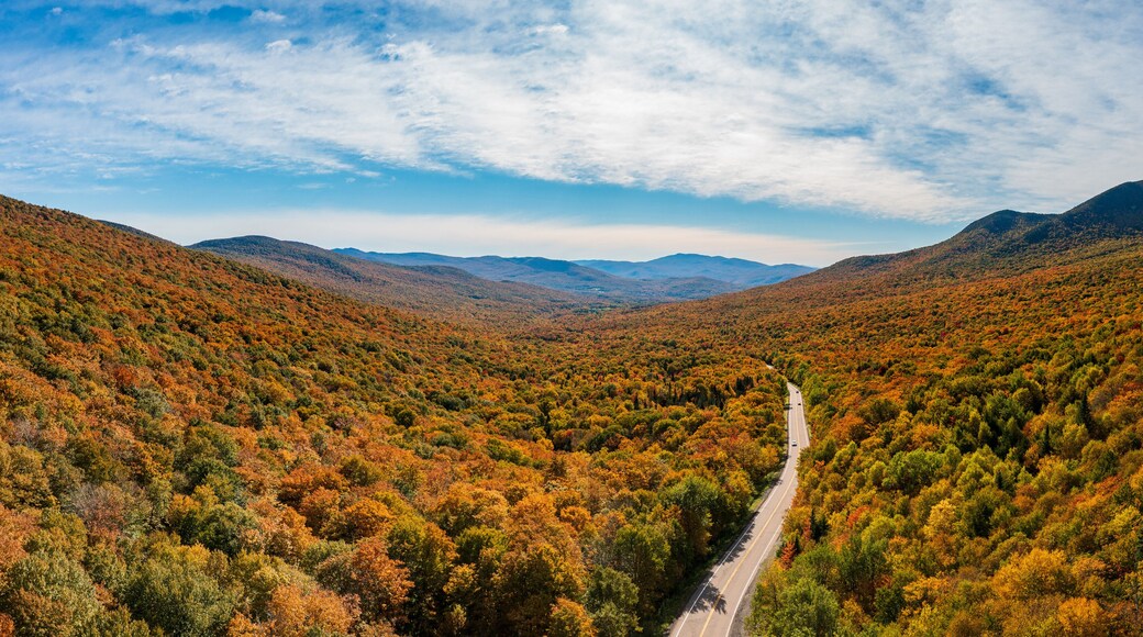 Aerial view of Jay Peak and trailhead on route 242 in Vermont during the fall