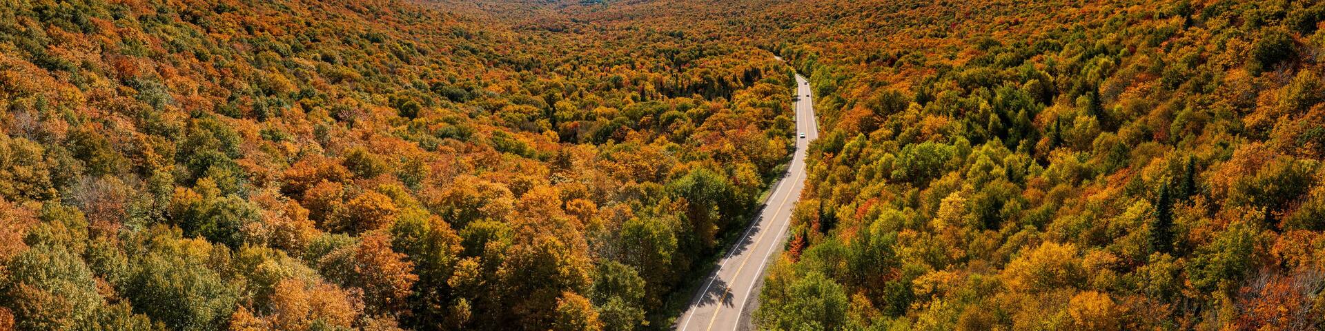 Aerial view of Jay Peak and trailhead on route 242 in Vermont during the fall