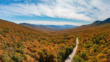 Aerial view of Jay Peak and trailhead on route 242 in Vermont during the fall