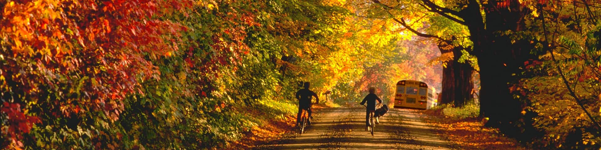 Two boys race the school bus to school in Jericho, Vermont.