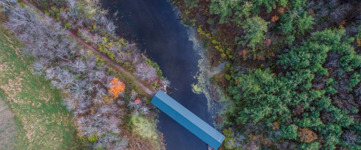 An aerial view of a river with a bridge and surrounding forest.