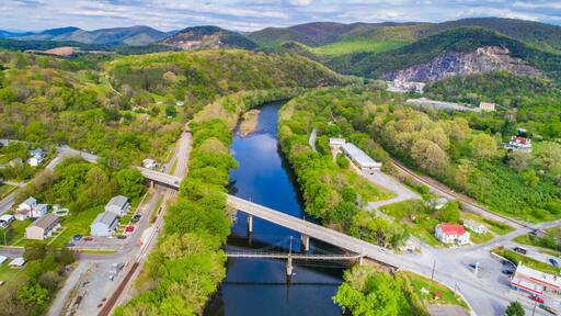 Aerial view of the James River and surrounding mountains in Buchanan, Virginia.