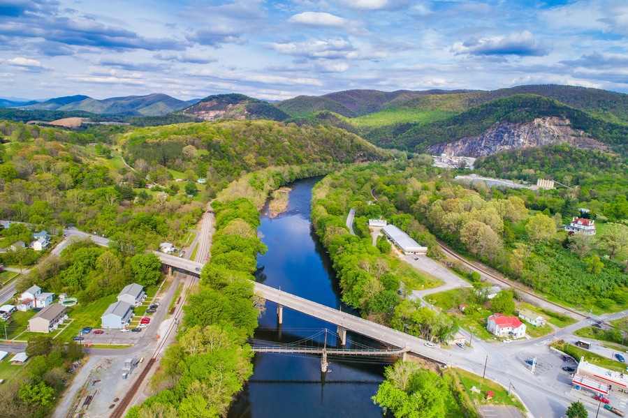 Aerial view of the James River and surrounding mountains in Buchanan, Virginia.
