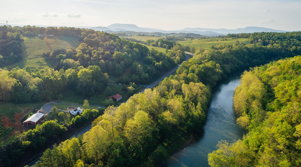 Aerial view of the Maury River and Blue Ridge Mountains, in Buena Vista, Virginia.