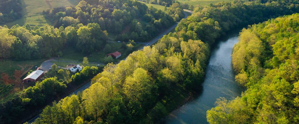 Aerial view of the Maury River and Blue Ridge Mountains, in Buena Vista, Virginia.