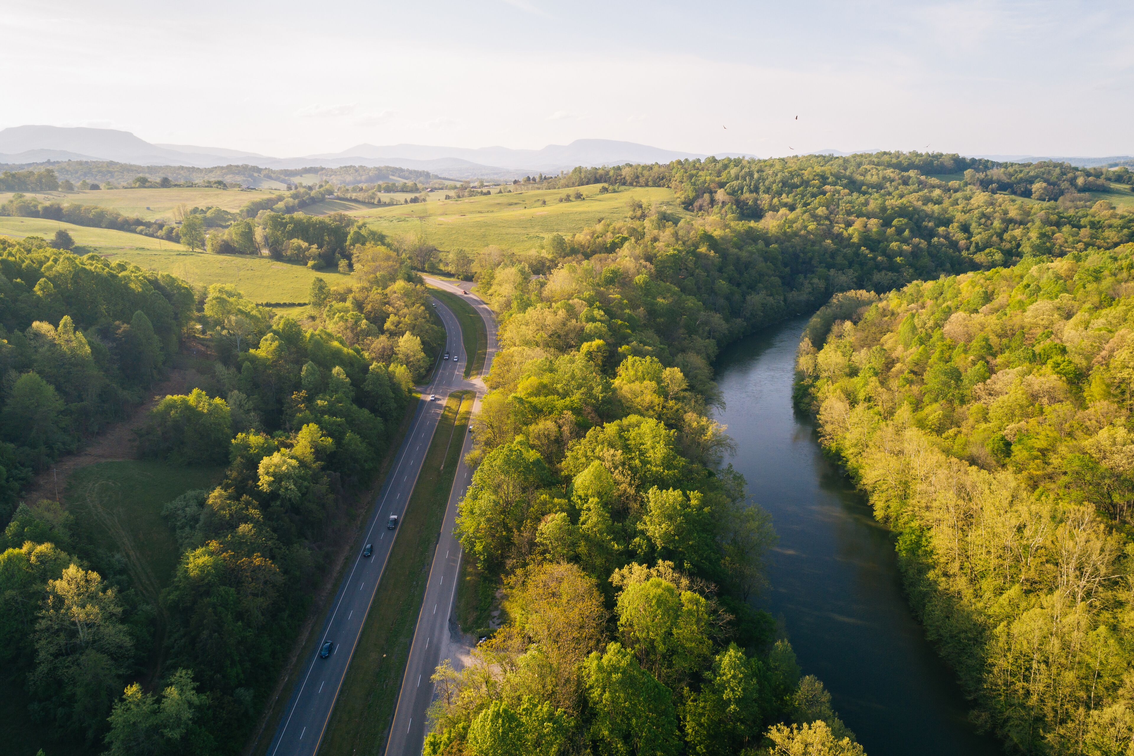 Aerial view of the Maury River and Blue Ridge Mountains, in Buena Vista, Virginia.
