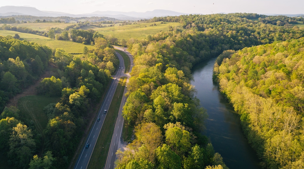 Aerial view of the Maury River and Blue Ridge Mountains, in Buena Vista, Virginia.