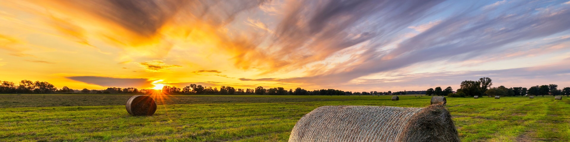Beautiful sunset over green meadow with hay bales