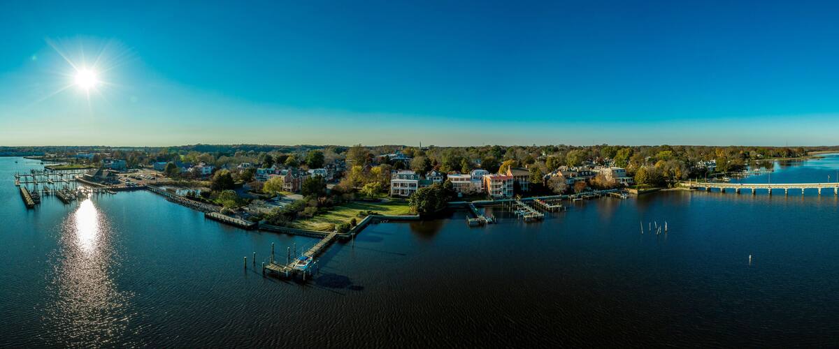 Aerial panorama view of historic colonial chestertown near annapolis situated on the chesapeake bay during an early november afternoon