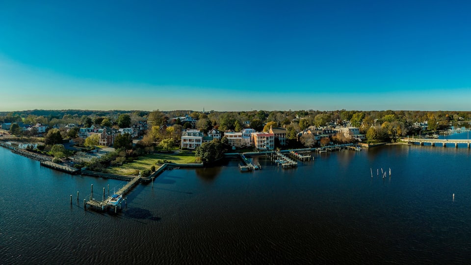 Aerial panorama view of historic colonial chestertown near annapolis situated on the chesapeake bay during an early november afternoon