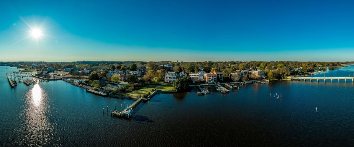 A waterfront town with a pier, dock, and houses along the shore.