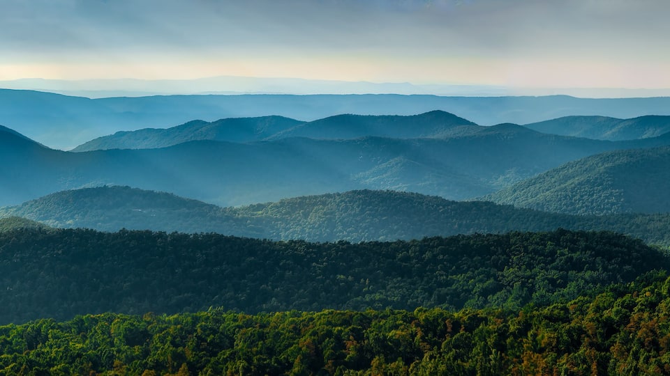 A mountainous landscape with dense forests and layered mountain ranges.