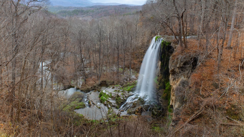 A waterfall in a forested valley with a river below.