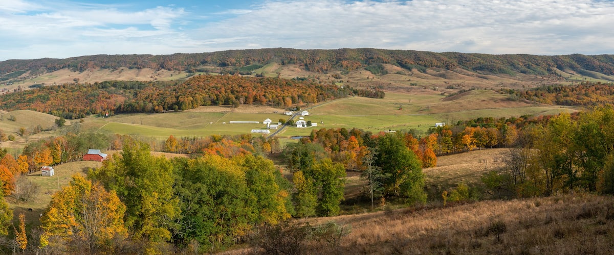 Een landelijk landschap met glooiende heuvels, bomen in herfstkleuren en verspreide boerderijen.