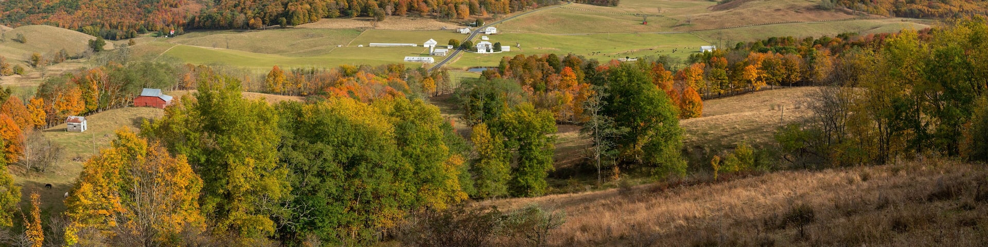 A rural landscape with rolling hills, autumn-colored trees, and scattered farm buildings.