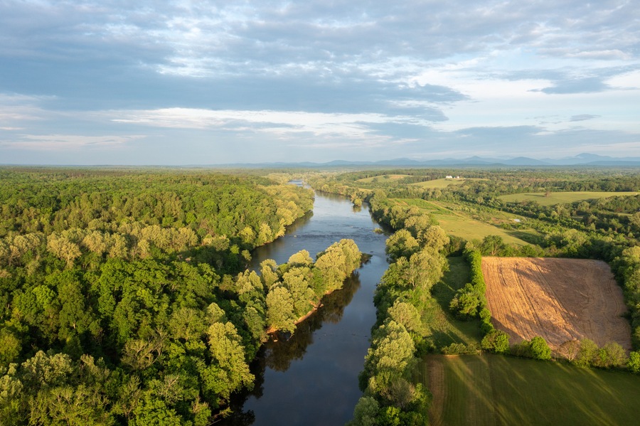 Aerial View of the Forest and Farmland Around the James River in Virginia Near Scottsville