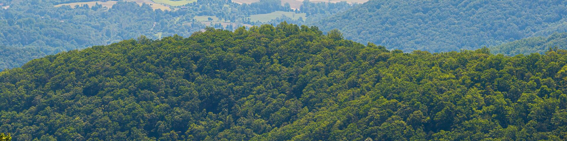 Aerial high angle view of Shenandoah Blue Ridge appalachian mountains from skyline drive overlook in Virginia with Stanley city rural village town