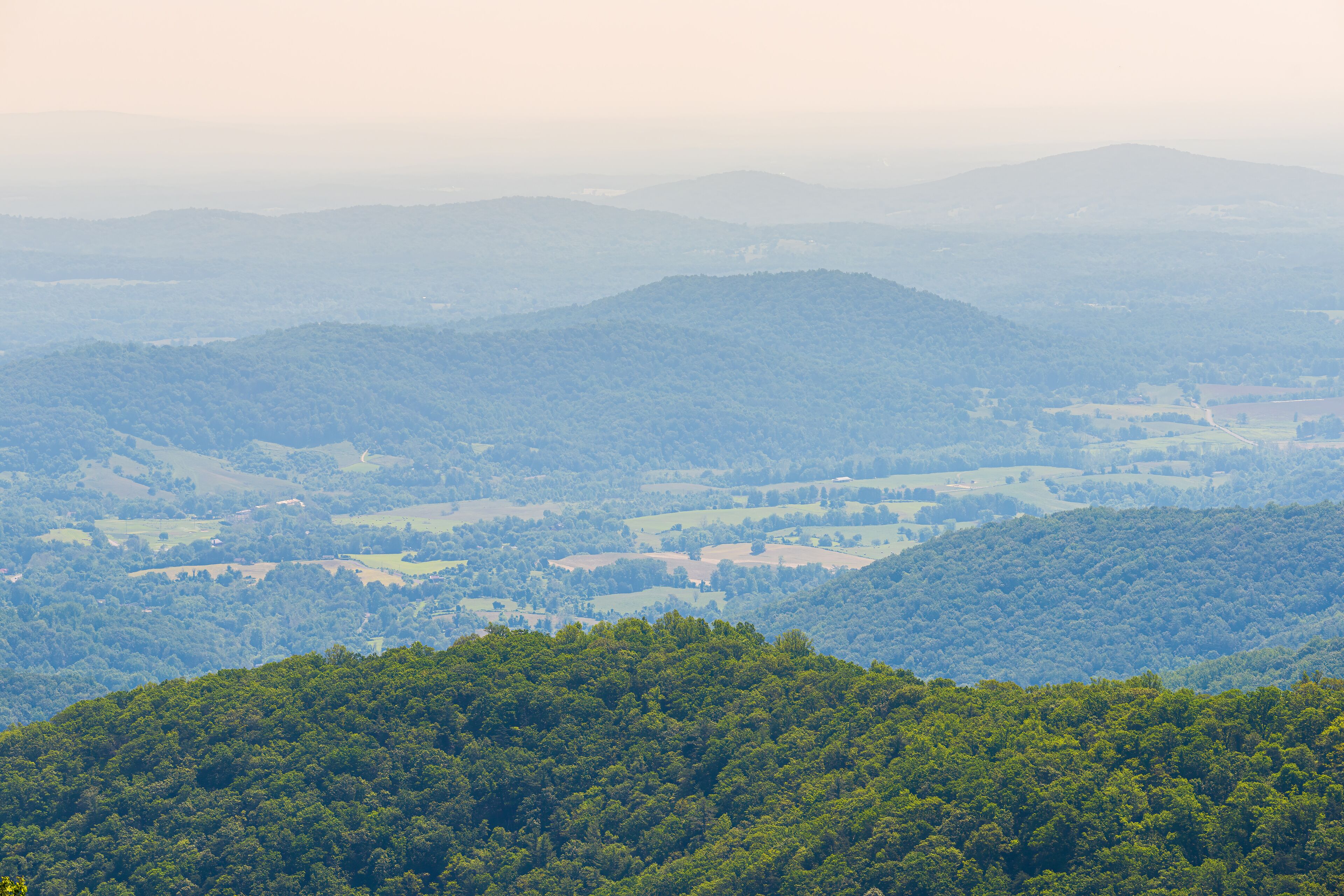 A mountainous landscape with dense forests and rolling hills.