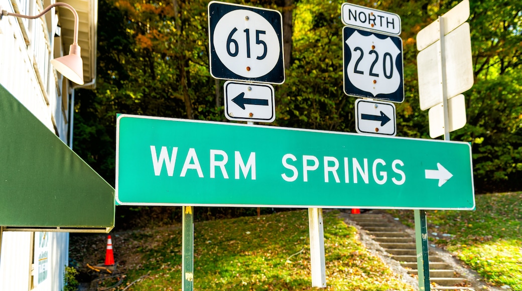 Hot Springs, USA downtown town village city in Virginia countryside with street road highway 615 and 220 directional sign for Warm Springs and arrow