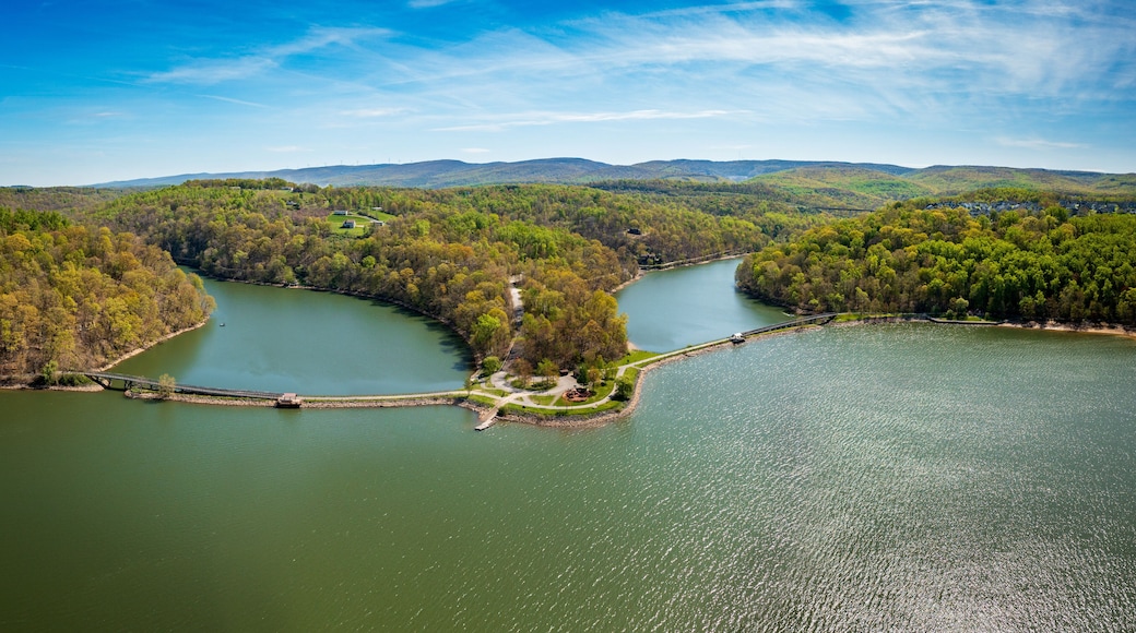 Aerial view as sun casts warm light on the park at Cheat Lake near Morgantown West Virginia on a beautiful calm spring morning