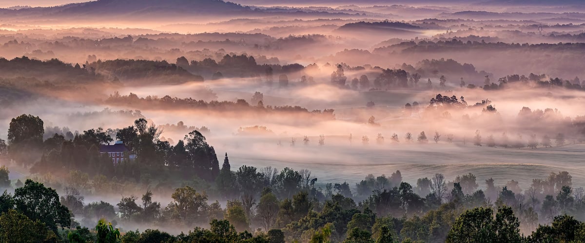 A misty landscape with rolling hills, a small house, and dense trees.