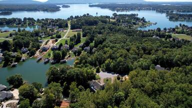 Aerial View of Lakeside Community with Blue Ridge Mountains, Smith Mountain Lake Virginia