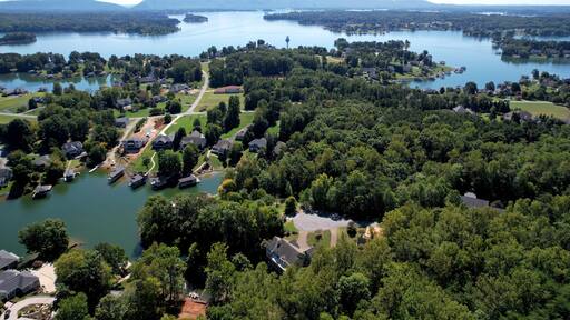 Aerial View of Lakeside Community with Blue Ridge Mountains, Smith Mountain Lake Virginia