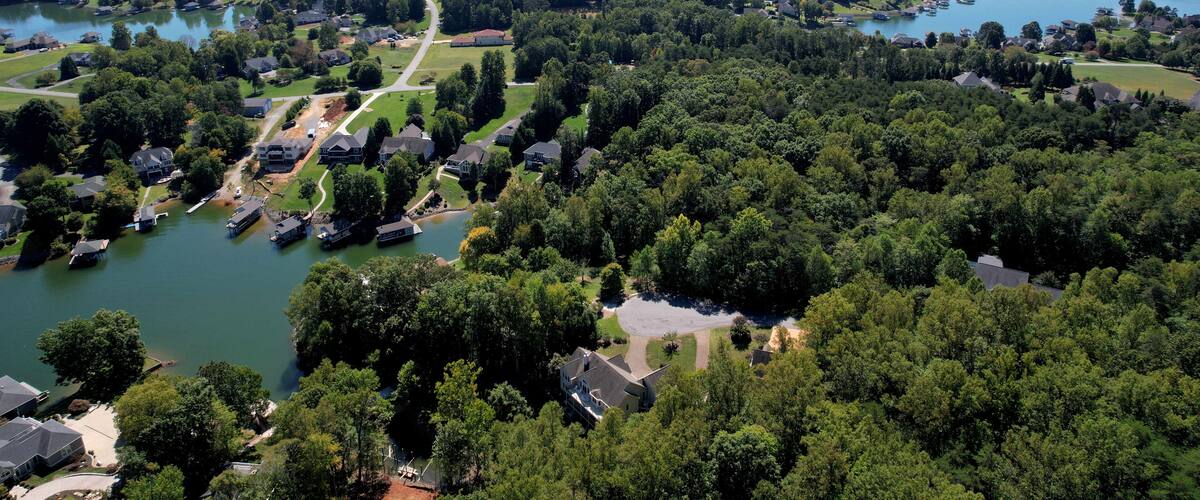 A lakeside community with houses, a lighthouse, and surrounding greenery.