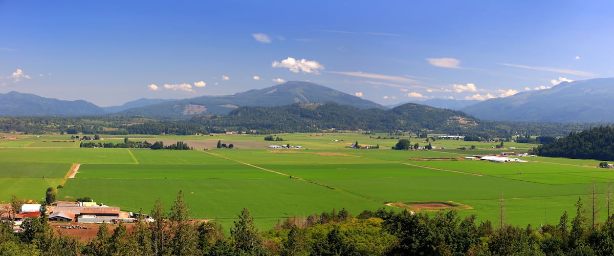 A rural landscape with green fields, scattered buildings, and mountains in the background.