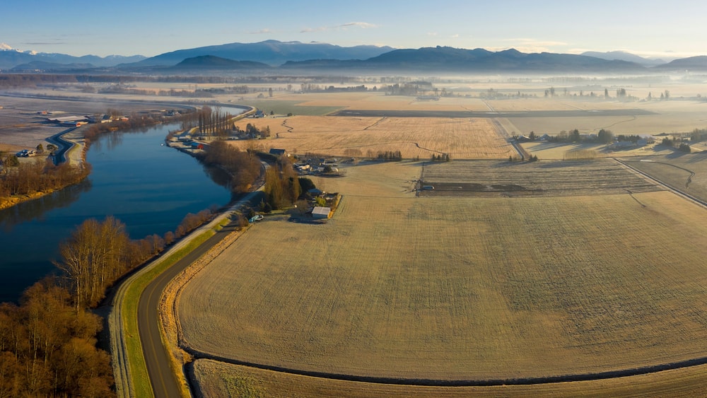 Aerial View of the Skagit River, Conway, Washington. The Skagit River is the largest river in Puget Sound and one of the biggest rivers in the entire state and in the National Wild and Scenic Rivers.