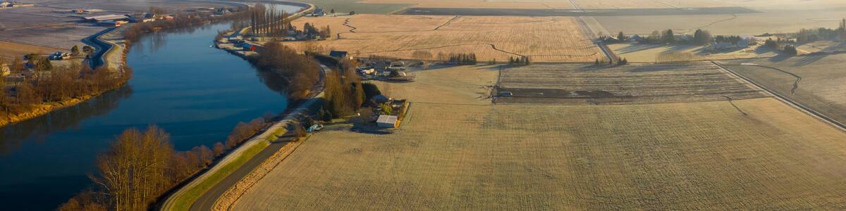 Aerial View of the Skagit River, Conway, Washington. The Skagit River is the largest river in Puget Sound and one of the biggest rivers in the entire state and in the National Wild and Scenic Rivers.