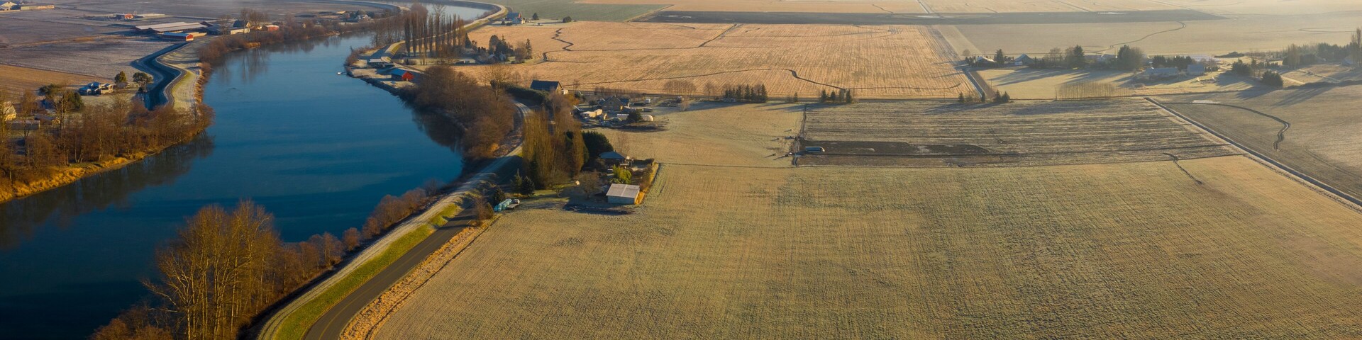 Aerial View of the Skagit River, Conway, Washington. The Skagit River is the largest river in Puget Sound and one of the biggest rivers in the entire state and in the National Wild and Scenic Rivers.