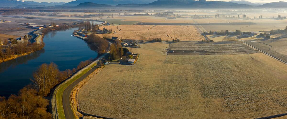 Aerial View of the Skagit River, Conway, Washington. The Skagit River is the largest river in Puget Sound and one of the biggest rivers in the entire state and in the National Wild and Scenic Rivers.