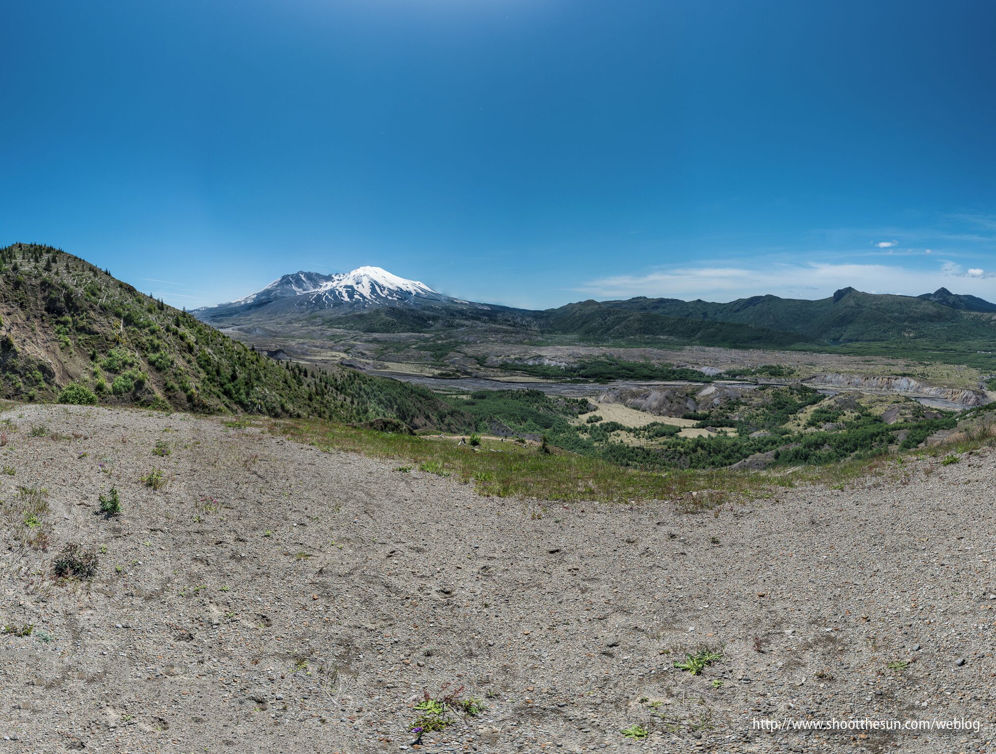 The Toutle River runs for 17 miles in two separate forks, converging into one and finally spilling into the Cowlitz River just a few miles north of Castle Rock.

At this point on the boundary trail, you can see that ash still pervades its banks, though the inevitable spread of flora and fauna will soon build up enough topsoil to revitalize the area.

I had never seen a clearer, and more definitive view of the tributary, even in photographs.  It is astounding how much of the mountain's topography, geology and habitat are on clear display on this trail.  And on a beautiful day, you can't really find a more beautiful hike in the southwestern portion of the state.
