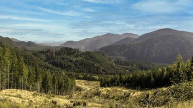 Panoramic view of the mountains and valley near Merrill Lake at Rd81 at Cowlitz county, Washington, USA.