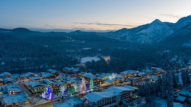 A snow-covered village with illuminated Christmas trees and buildings against a mountainous backdrop.