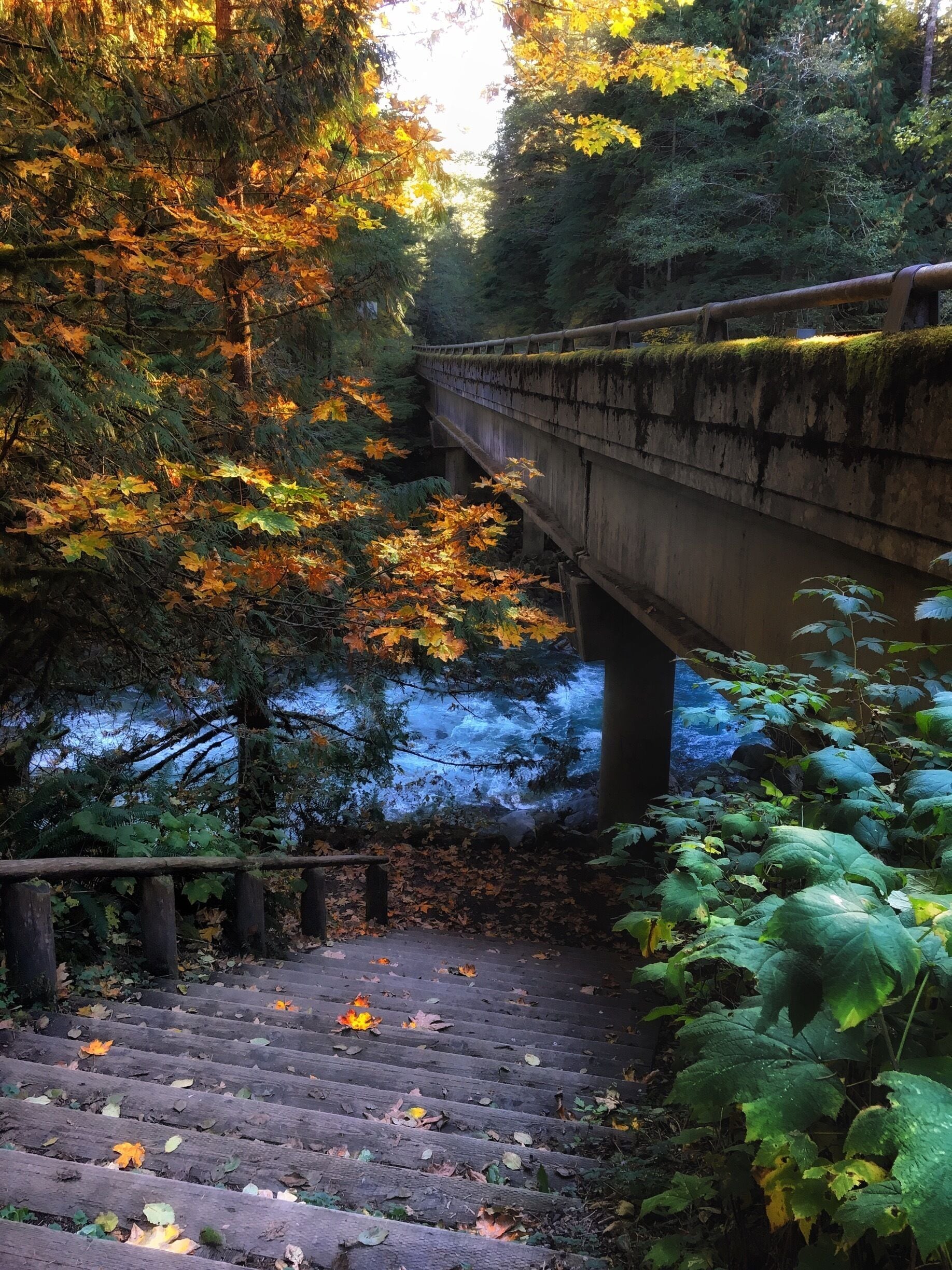 A stone bridge over a river, surrounded by autumn foliage and a wooden staircase.