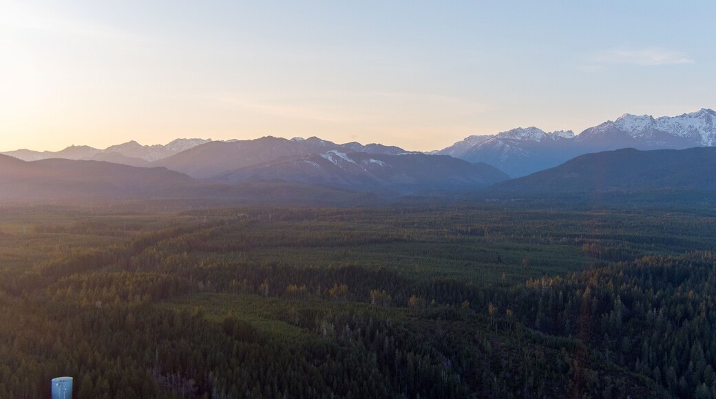 Aerial view of the Olympic Mountain Range of Washington State at sunset