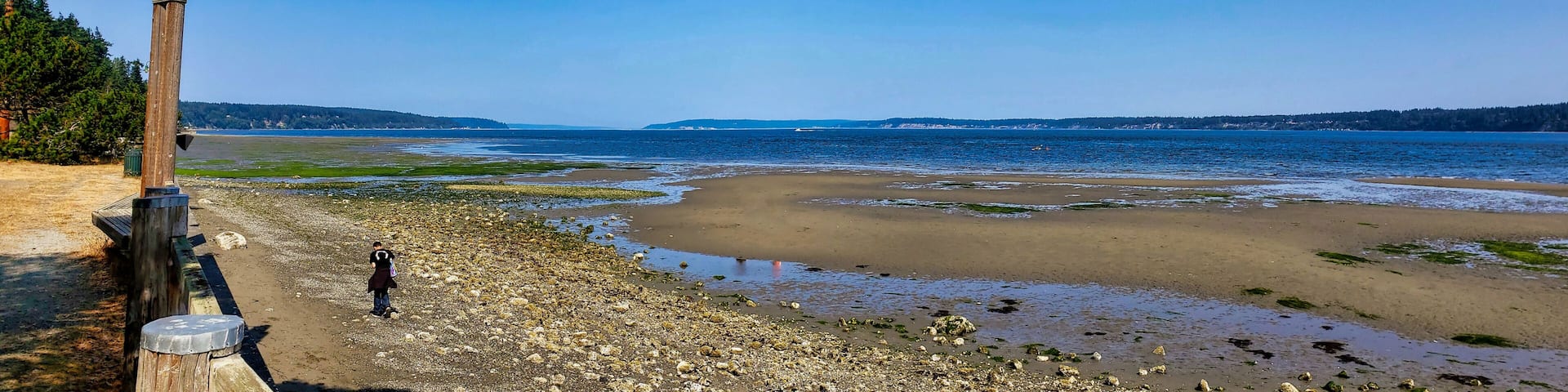 A rocky shoreline with a wooden post and a person walking.