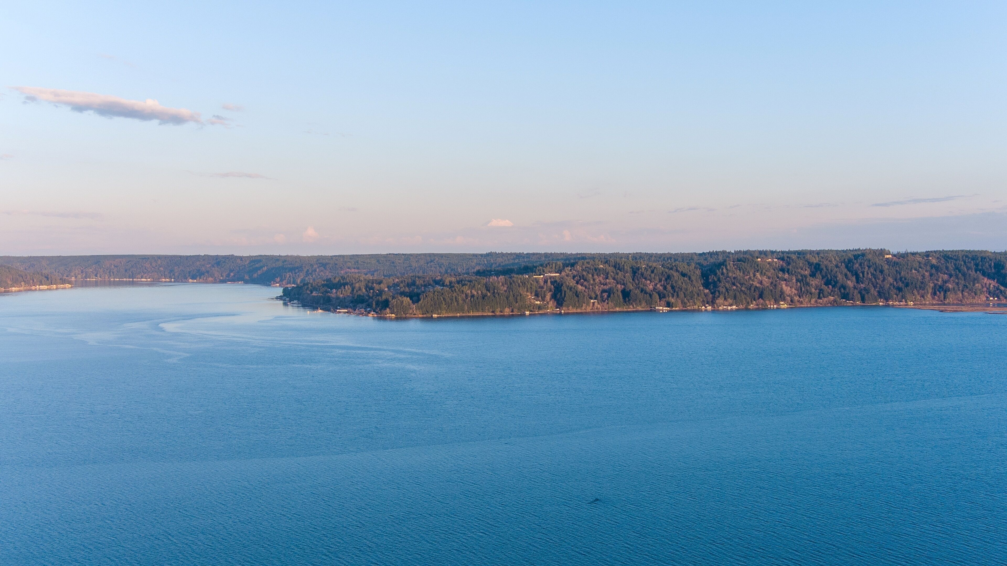 Aerial view of Annas Bay of the Puget Sound at sunset in Potlatch, Washington