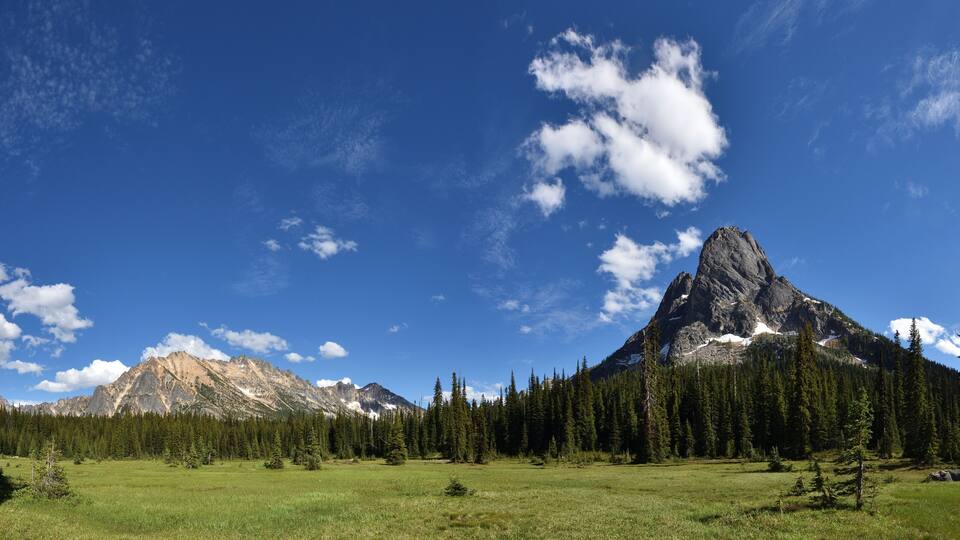 A mountain landscape with a prominent peak, a forested area, and a clear blue sky.