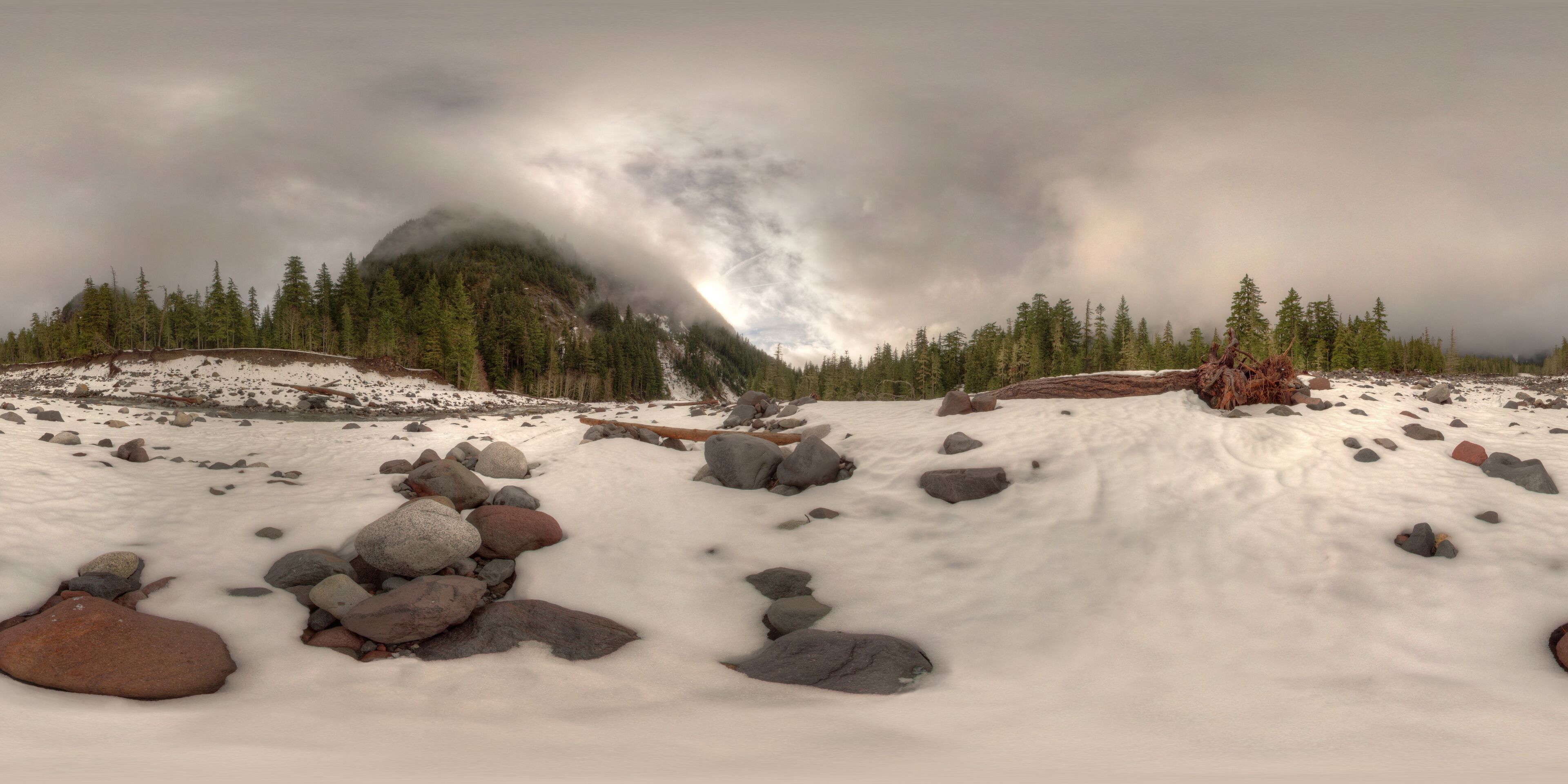 A snowy landscape with scattered rocks and a forested mountain in the background.