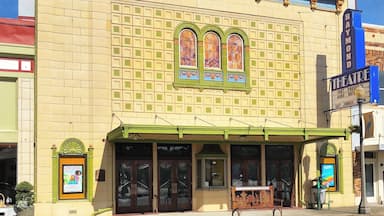 A theater with a green awning and a marquee.