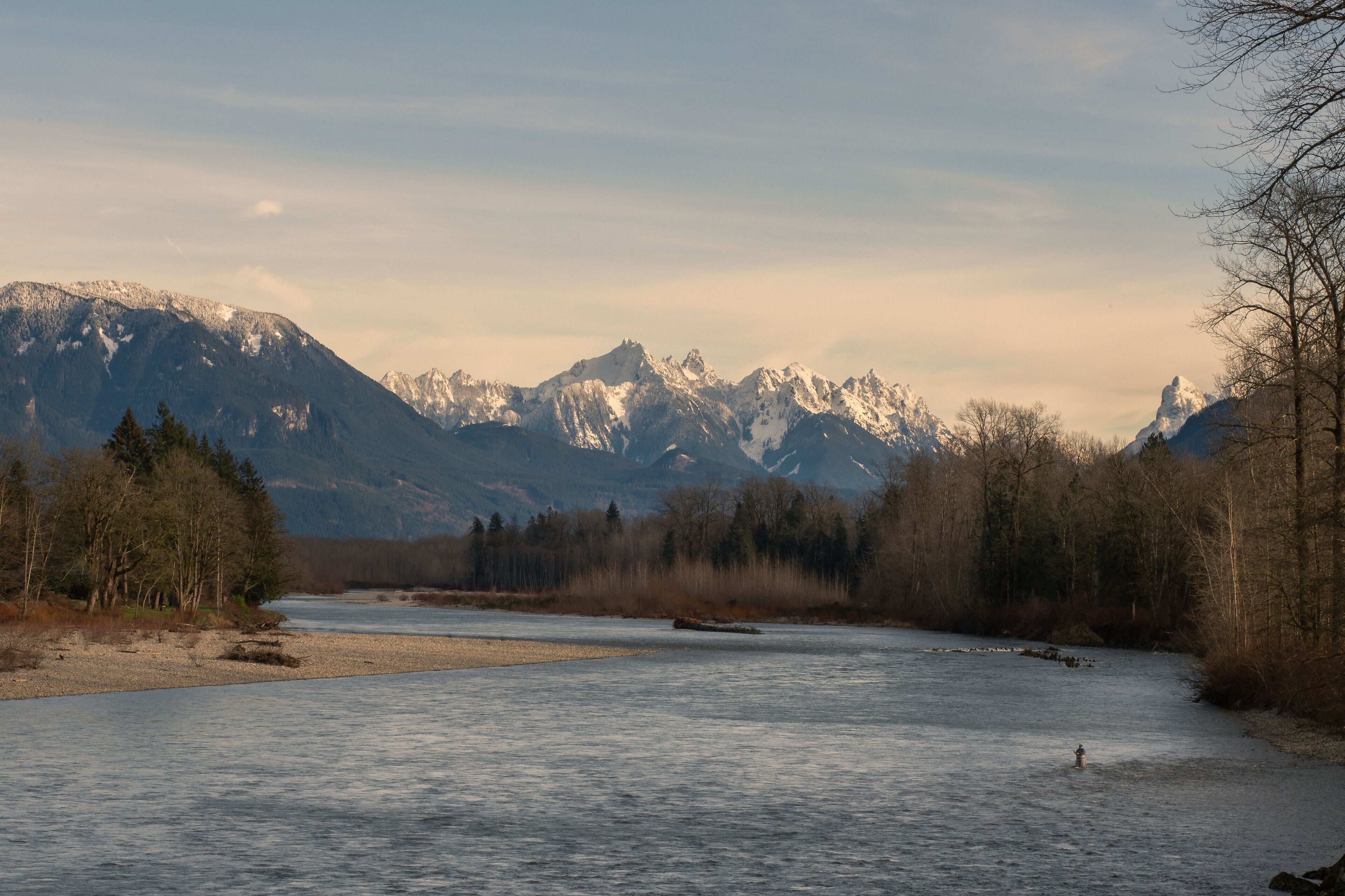 A river flowing through a forest with mountains in the background.