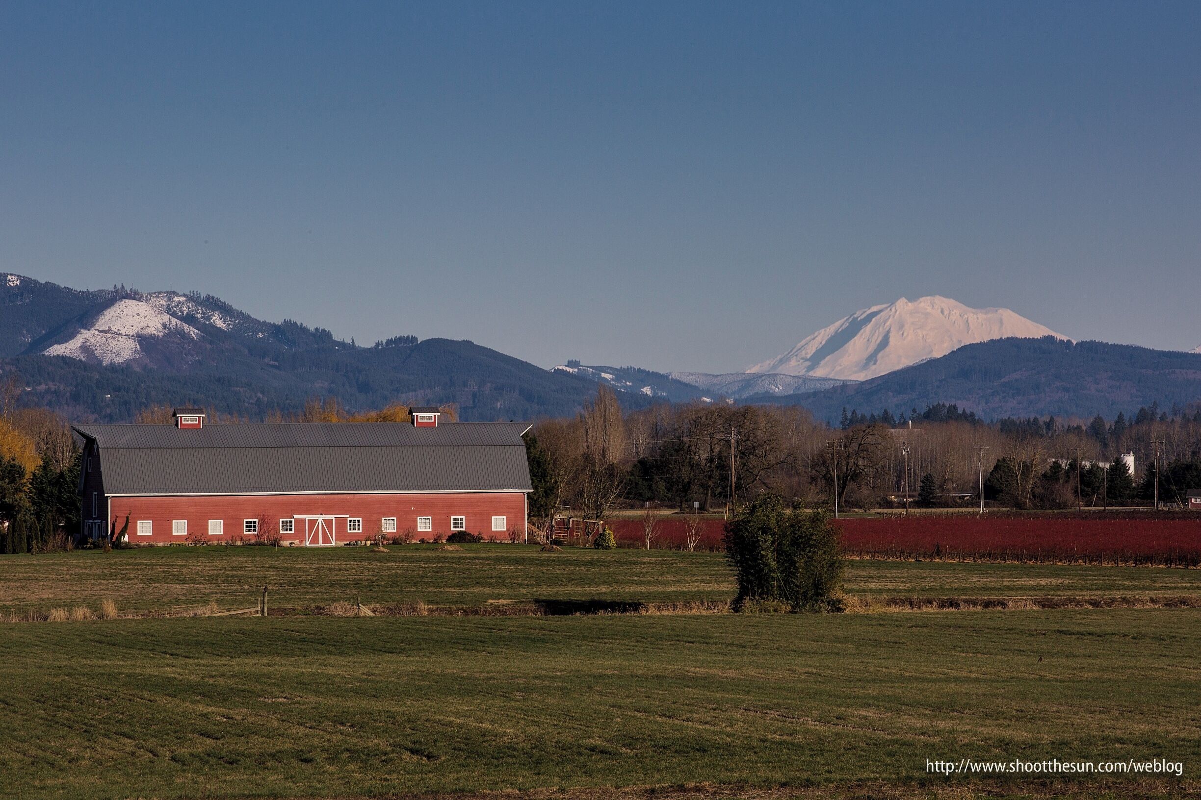 A red barn with a metal roof, a snow-capped mountain, and a clear blue sky.